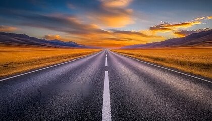 Poster - Endless highway during vibrant sunset with dramatic clouds over vast landscape