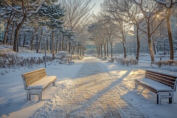Poster - A wooden bench sits amidst snowy surroundings in a park