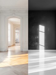 Leinwandbilder - Interior contrast showcases old dark design opposite bright modern renovation for unique visual appeal. Generative AI