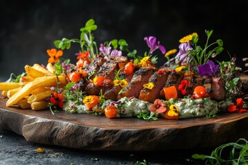 Wall Mural - Sliced grilled lamb with french fries, yogurt dip and edible flowers on wooden board