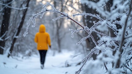 Poster - A person wearing a bright yellow jacket walks through the snow, surrounded by winter scenery