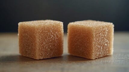 Wall Mural - Two sugar cubes sit on a wooden table, ready for use