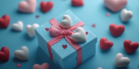 Poster - A beautiful blue gift box adorned with a pink bow and surrounded by hearts, perfect for romantic gestures or special occasions
