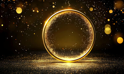 Poster - Golden Sparkling Circle with Glittering Background and Lights