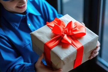 Aufkleber - A person in a blue shirt holds a white box with a red bow, perfect for gift-giving or packaging