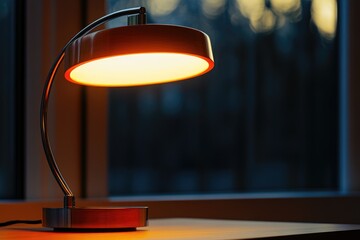 Poster - A simple desk lamp sits on top of a wooden table, providing a warm glow