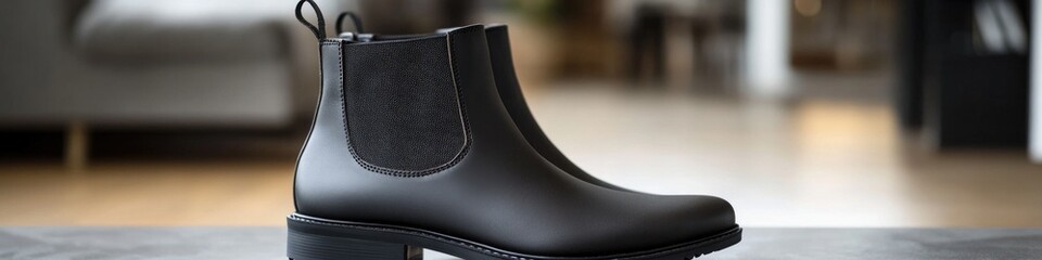 Poster - A pair of black boots sitting on a table, perfect for use in lifestyle or still life photography