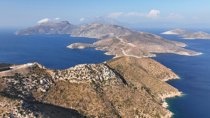 Wall Mural - Aerial drone photo amazing landscape and paradise beaches in fjord shaped island of Fournoi Ikarias ensuring and relaxing vacations untouched by tourism, North Aegean sea, Greece