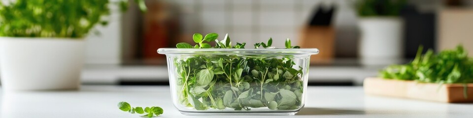 Poster - A glass jar filled with green sprouts sitting on a kitchen counter