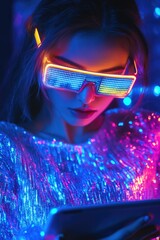 Poster - woman sitting at desk or table using a tablet computer with neon-colored glasses on