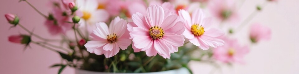 Poster - A simple still life featuring a white vase filled with pink flowers sitting on a table