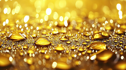 Poster - Glimmering Golden Water Drops on Shiny Surface Creating Bokeh Effect
