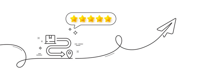 Poster - Delivery service line icon. Continuous line with share plane. Package location sign. Tracking parcel symbol. Five star rate review in speech bubble. Delivery service single line ribbon. Vector