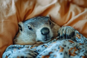 Aufkleber - Close-up view of a groundhog covered by a blanket, great for winter or hibernation themed illustrations