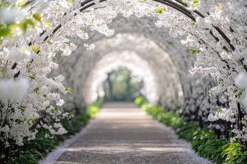 Aufkleber - A beautiful tunnel of white flowers in a peaceful park setting