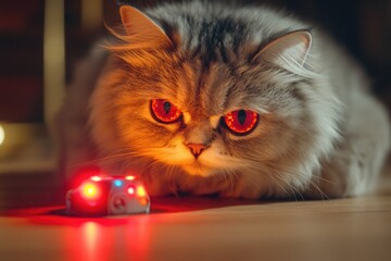 Poster - A domestic cat is lying down next to a toy car, a popular plaything for felines