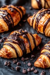 Poster - Freshly baked croissants smothered in rich chocolate, set against a dark background