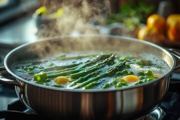 Wall Mural - Chef boiling asparagus and peas with lemon slices in large stainless steel pot