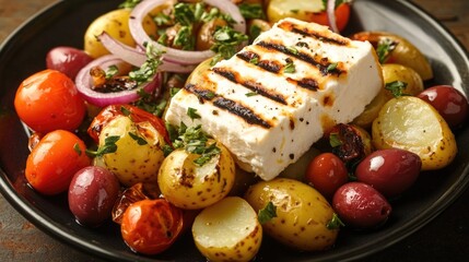 Aufkleber - A close-up shot of grilled chicken breast served with mixed vegetables on a black plate, ideal for food photography or culinary concept images