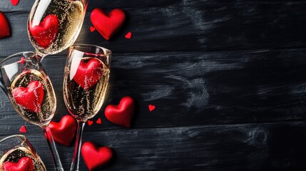 Poster - Two glasses of champagne with hearts on a table