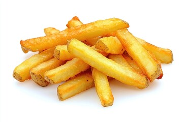 Poster - A pile of crispy French fries on a clean white surface, perfect for a snack or meal accompaniment