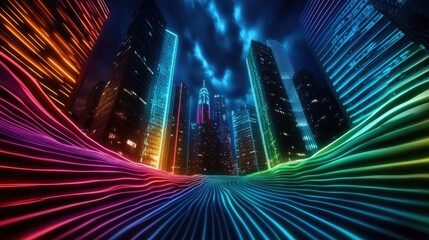 Poster - Vibrant light trails transforming urban skyline cityscape digital art nighttime aesthetic futuristic vision