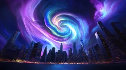 Poster - Cosmic swirl event over city skyline urban landscape digital art nighttime vibrant colors