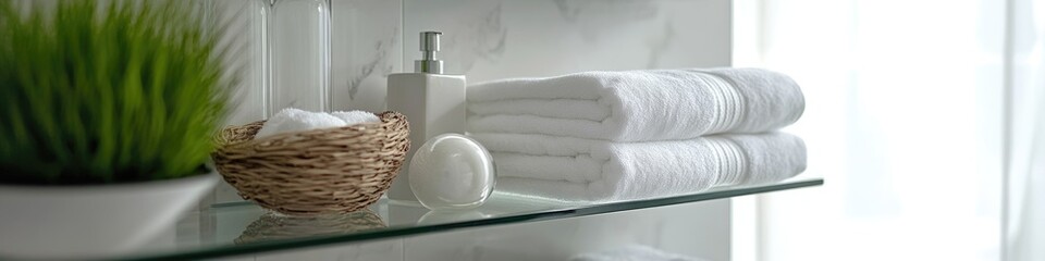 Aufkleber - A decorative glass shelf filled with towels and a wicker basket
