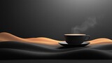 sand, gray cup with coffee stands on it, coffee blends, coffee mania, gray background, simplicity, elegance, wide and clean background, empty space for text, coffee shop, coffee house, coffee sale