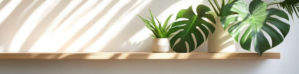 Aufkleber - Two potted plants sit atop a wooden shelf, surrounded by natural light