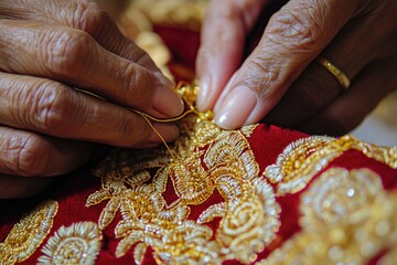 Poster - Close-up shot of someone working on a piece of fabric with needle and thread