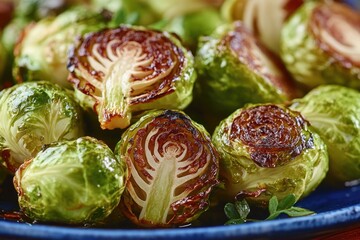 Poster - A close-up view of a plate filled with cooked Brussels sprouts