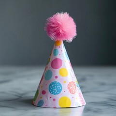 Poster - A colorful party hat with a bright pink pom pom on top, perfect for birthday celebrations or themed parties