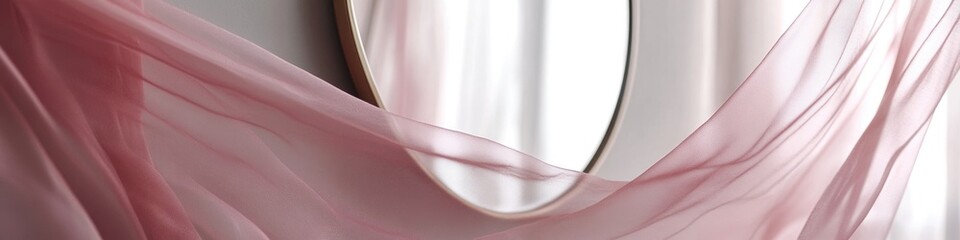 Aufkleber - A close-up shot of a mirror with a pink curtain in the background