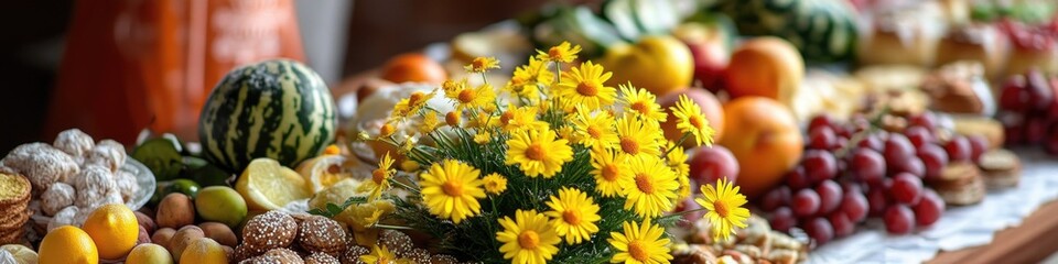 Poster - A colorful arrangement of various fruits and vegetables on a table
