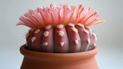 Poster - A prickly cactus blooms with bright pink flowers in a small clay pot