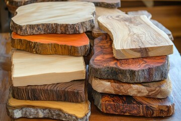 Aufkleber - Stack of wood slices on a wooden table, great for rustic or outdoor-themed designs