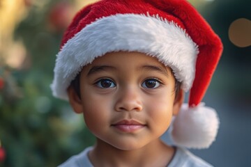 Poster - A young boy wearing a Santa hat looks directly at the camera