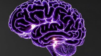 Poster - Rotating purple human brain revealing intricate neural connections, pulsing with vibrant energy against shadowy background, showcasing complex neurological networks and cognitive pathways