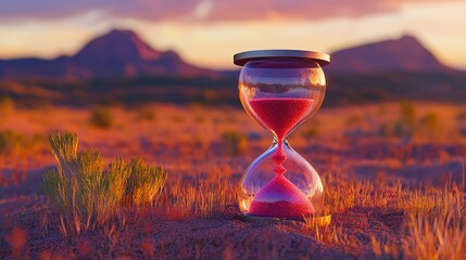 Poster - An hourglass sits in the middle of a green field, its sands flowing slowly