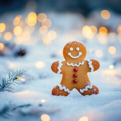 Poster - A close-up shot of a gingerbread cookie on snowy ground