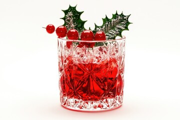 Poster - A glass filled with red liquid and a sprig of holly, perfect for holiday or winter themed images