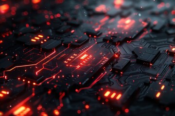 Fototapete - A deep black circuit board adorned with glowing red pathways creates a striking visual contrast under soft lighting