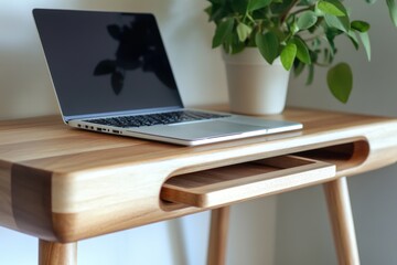 Poster - a laptop computer sits on a wooden desk with a minimalistic background