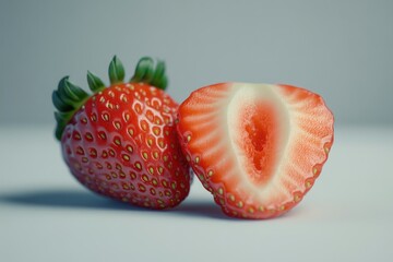 Poster - Fresh strawberries cut in half on a white surface, ideal for food photography or culinary concepts