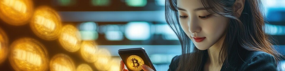 Poster - A woman reviews her phone, showing Bitcoin information and details