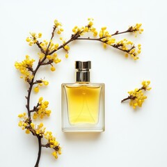 Poster - A perfume bottle rests beside a bright yellow flower stem, perfect for decorating or using as a prop