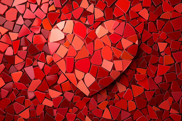 vibrant heart shape made of mosaic tiles in various shades of red, set against matching red background, evokes feelings of love and passion