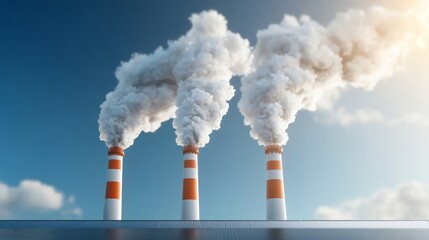 Industrial landscape featuring four large smokestacks releasing thick clouds of steam into a clear blue sky highlighting energy production and environmental impact