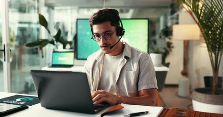 Poster - Man, call center and communication with headset, laptop and customer service or desktop support at office. Male consultant, IT agent and research with headphones for conversation or online advice